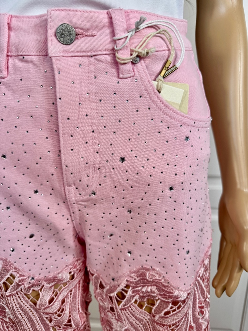 PINK HIGH WAIST CRYSTAL EMBELLISHED CURVE HUGGING WIDE LEG LACE JEANS - Picture 5 of 15
